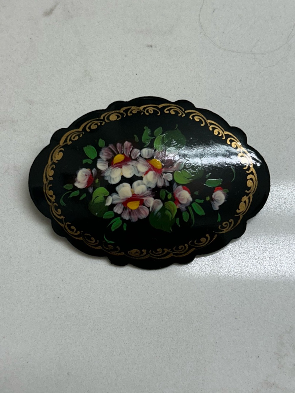 Vintage Hand-Painted Floral Black Oval Brooch